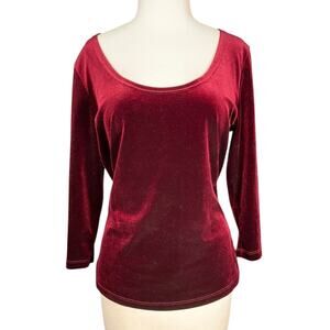 Boston Proper Velvet Top Medium Burgundy Scoop Neck 3/4 Sleeve Stretch Blouse